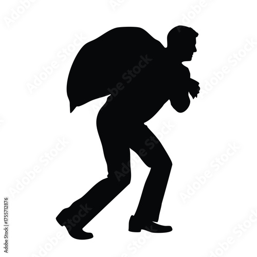 Silhouette vector of a man carrying a large sack over his shoulder.