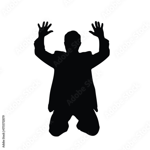 Man in Suit Kneeling Silhouette with Hands Up. Isolated Vector for Surrender, Defeat, Worship, or Desperation.