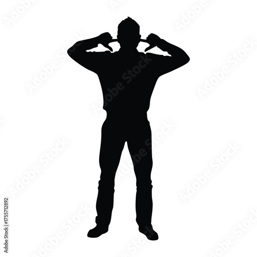 Man Silhouette Plugging Ears with Thumbs Down. Isolated Vector for Noise Concept, Refusal, Ignore, or Dislike.