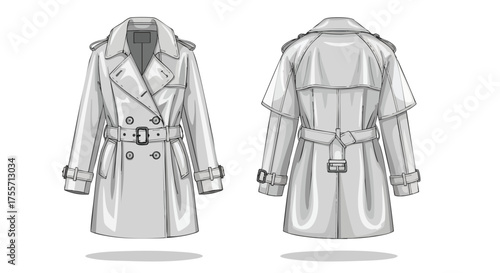 Elegant trench coat design, showcasing a classic double-breasted silhouette with front and rear views against a plain background