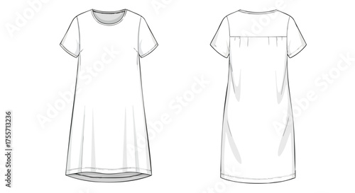 Technical sketch of a minimalist a-line t-shirt dress illustrating front and back views with design specifications for fashion production