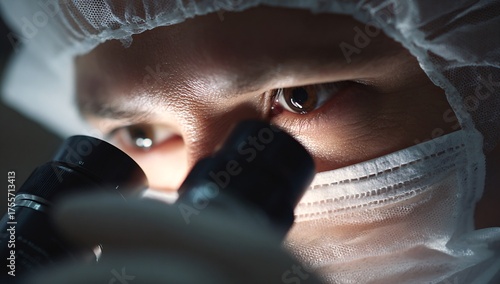 Scientist in Protective Gear Using Microscope