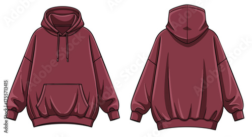 Detailed Illustration of an Oversized Maroon Hoodie, Front and Back View Isolated on White Background with Artistic Shading