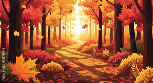 Enchanting fall path bathed in warm sunlight, creating a vibrant autumn forest background with falling leaves
