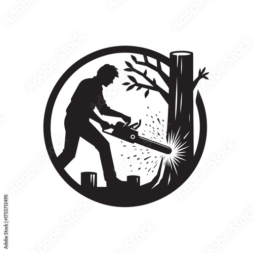 Vector illustration of a person sawing a tree using a sawing machine. The drawing style is simple and realistic, depicting outdoor work activities in a natural setting.