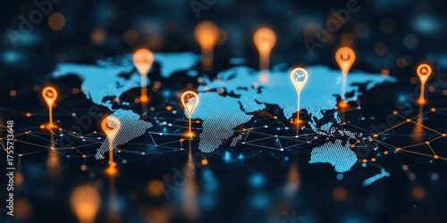 A digital world map with location markers and network connections, showcasing global connectivity and technology.