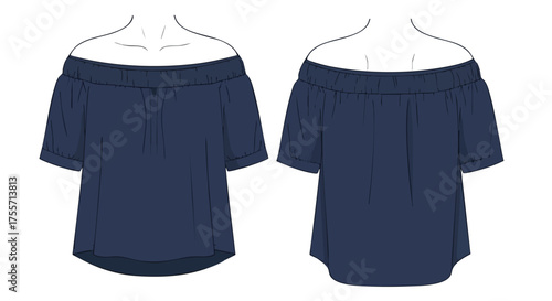 Technical blueprint showcasing a front and back view of a navy blue off-shoulder blouse design for apparel manufacturing