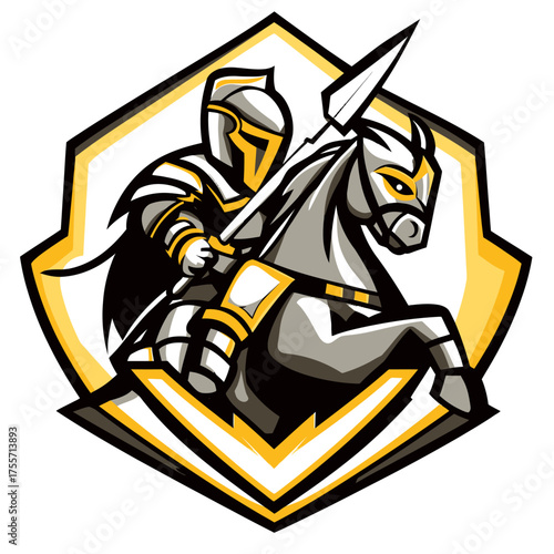 A circular logo design with a backdrop of stars, featuring an artistic depiction of a knight on horseback with a lance in hand