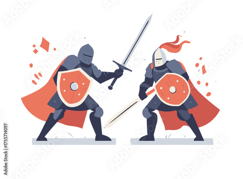 A flat modern illustration isolates two medieval knights in armor on a white background, where they fight with swords and shields in a chivalry tournament