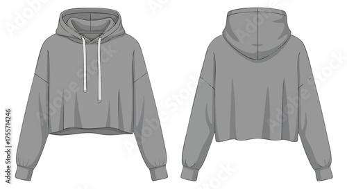 Contemporary gray cropped hoodie design showcasing front and back views for fashion product display and style visualization