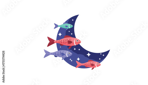 Illustration of a crescent moon with stars and four colorful fish swimming around it.