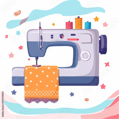 Illustration of a sewing machine with threads and decorative elements