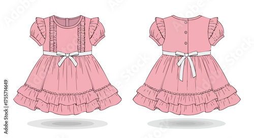 Delicate pink girl's dress design showcases ruffled details, puff sleeves, and front and back views for clothing illustration or pattern design