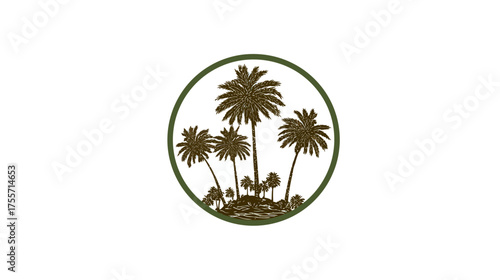 Palm trees, silhouette, and ocean in green circle