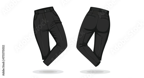 Vector illustration showcasing front and back views of a pair of elegant black suit pants on a clean white backdrop