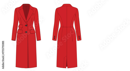 Elegant red overcoat design showcasing front and back views with modern tailoring for fashion illustration and style inspiration