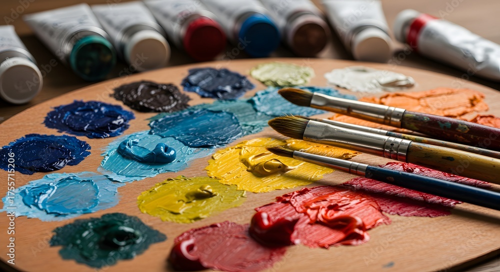Fototapeta premium Wooden palette displaying vibrant paint splotches, paint tubes, and brushes