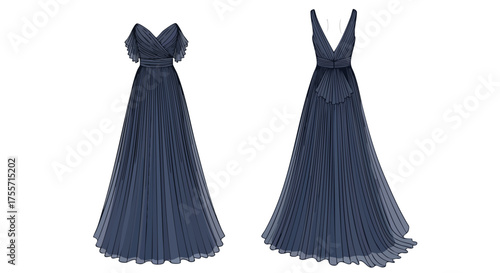 Elegant blue evening gown designs showcasing front and back views of luxurious dresses, ideal for fashion illustration and formal wear concepts