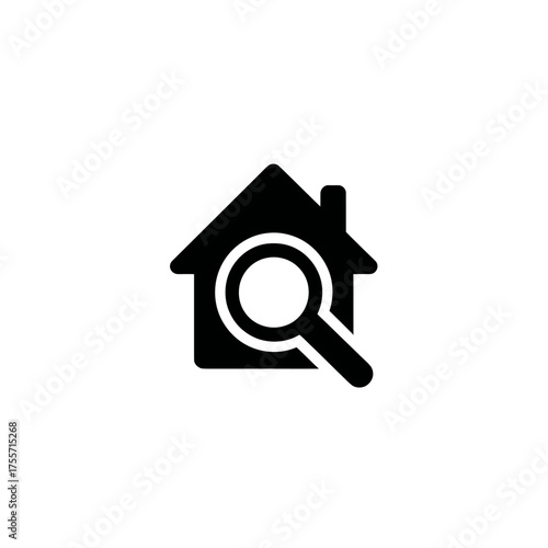 House with magnifying glass overlay icon, black on white background