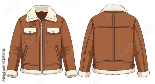 Illustration of a stylish brown aviator jacket with a fluffy white collar, showcasing front and back views against a clean background