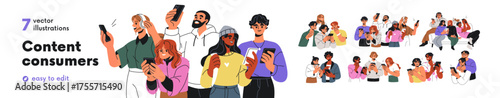 People groups looking at mobile phones screens set. Couples, friends watch video, scroll social media, read news together. Content consumers. Flat vector illustrations isolated on white background