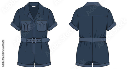 Fashionable denim romper sketch showcasing front and back design details, a belted waist and practical breast pockets for modern wardrobe planning