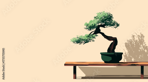 A stylized bonsai tree in a pot on a wooden table casts a shadow