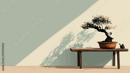Bonsai tree on a wooden table in a peaceful room