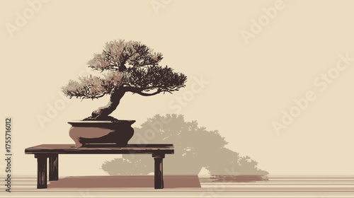 Bonsai on a wooden table in a pixelated style against a light backdrop