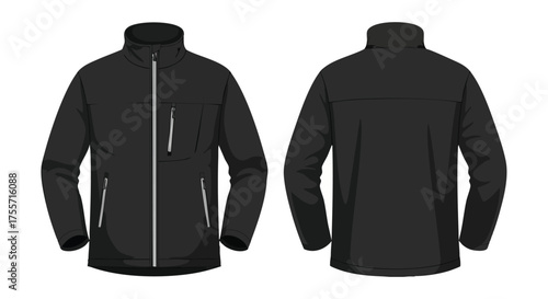 Technical black jacket illustration showcasing front and back view ideal for apparel design presentation product visualization