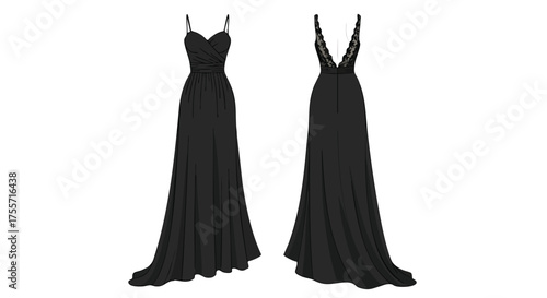 Elegant black evening gown technical sketch displaying front and back intricate lace detail fashion illustration for design and style aspiration