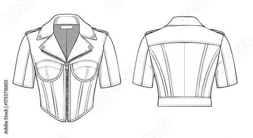Fashion-forward Biker Jacket Illustration with Modern Corset Accents and Short Sleeves Design Concept