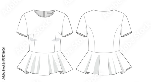 Technical fashion drawing of a peplum top with short sleeves, displayed in front and back views showcasing design details and construction elements