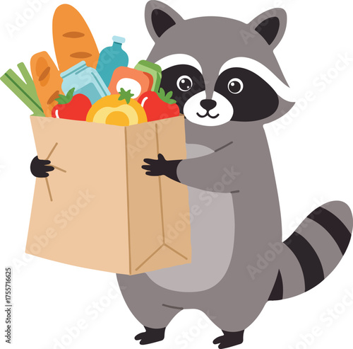Raccoon hauling grocery bag with food. Cute, humorous animal photo suitable for advertising, blogs, or social media posts. Catchy wildlife moment.