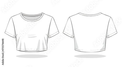 White crop top apparel sketch: Front and back views for design presentation with detailed shading lines and precise garment contours showing a