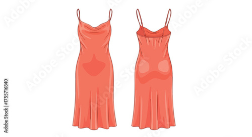 Digital illustration showcasing a sleek orange slip dress, presented in both front and back views against a clean white background