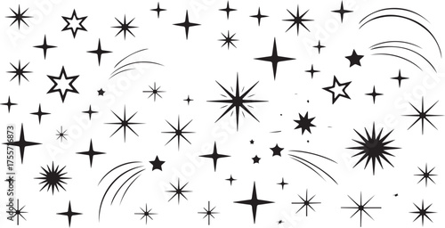 Black and White Sparkling Starbursts and Shooting Stars   star, sparkle, starburst, shine, magic, glitter, shooting star, night sky, celestial, black, white, icon, set, galaxy.