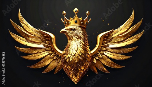 A majestic, golden bird of prey, crowned, wings spread against a dark backdrop, radiating opulence and power