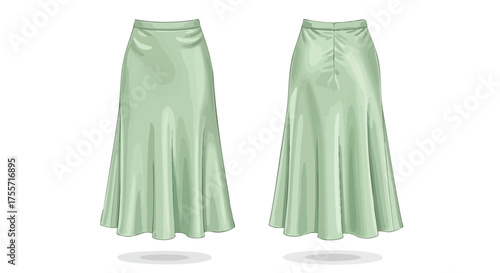 Elegant midi skirt in soft seafoam green, showcasing both front and back designs on a pure white backdrop for fashion presentation