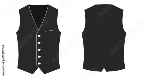 Elegant black suit vest front and back view showcases refined sartorial design with simple buttoned closure and tailored silhouette perfect for