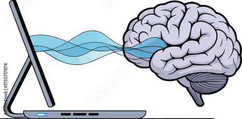 Brain connected to a laptop representing ideas technology and information processing