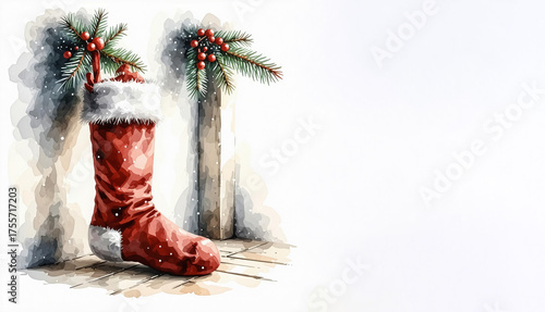 a Christmas sock for gifts. Merry Christmas and happy new year. winter holidays. watercolor drawing. artificial intelligence generator, AI, neural network image. background for the design