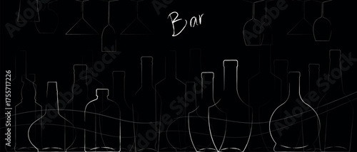 A set of alcohol bottles and glasses, line art, chalk line drawing style, black background, restaurant banner, bar design. Alcohol menu, wine list, festival, drink party, alcohol sales, rum, cognac