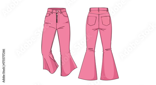 Illustration of pink bell-bottom pants, a fashion design sketch with front and back views of retro style jeans for textile products