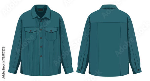Teal long-sleeve shirt with button-down, front pockets, and back yoke showcases stylish apparel for fashion and design projects