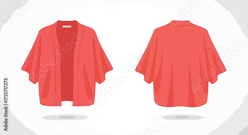 Vibrant coral kimono illustration showcasing both the front and back designs on a neutral backdrop highlighting its minimalist and modern aesthetic