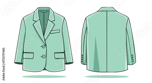 Mint-colored blazer illustration showcasing front and back views for fashion design reference and stylistic representation of modern apparel