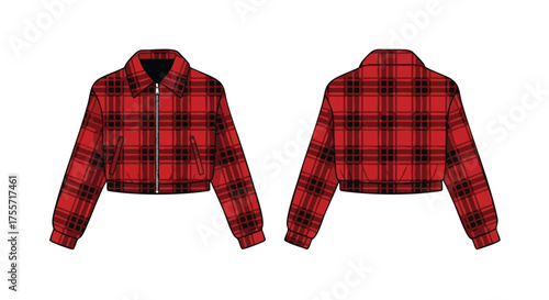 Crimson Plaid Cropped Jacket Illustration Depicting Front and Back Views Against a Clean White Backdrop Fashion Design