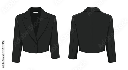 Chic Cropped Blazer Illustration: Front and Back View of a Sleek Black Jacket for Modern Style Visualizations