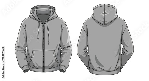 Realistic vector illustration showcasing the front and back design of a zippered hoodie mockup template in grey scale for clothing design